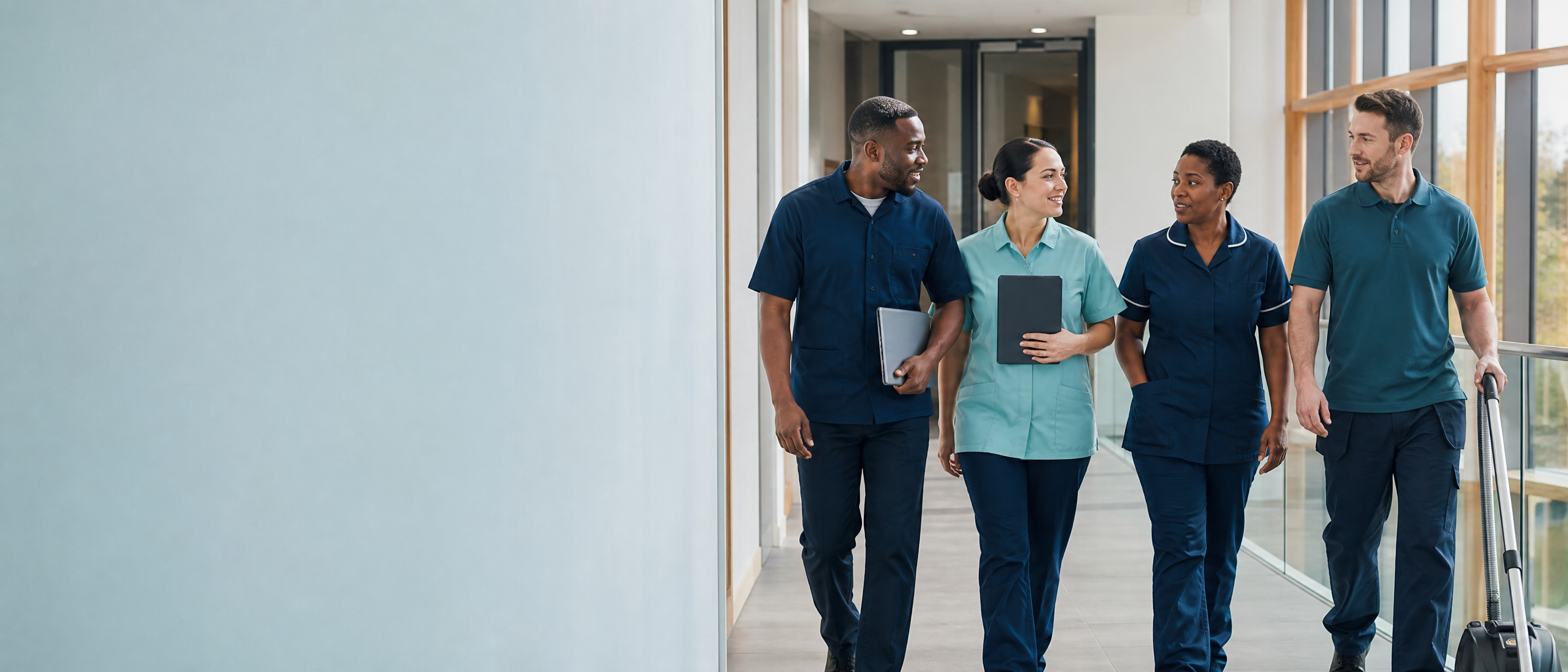 A representative group of care, healthcare support and cleaning professionals in a modern workplace